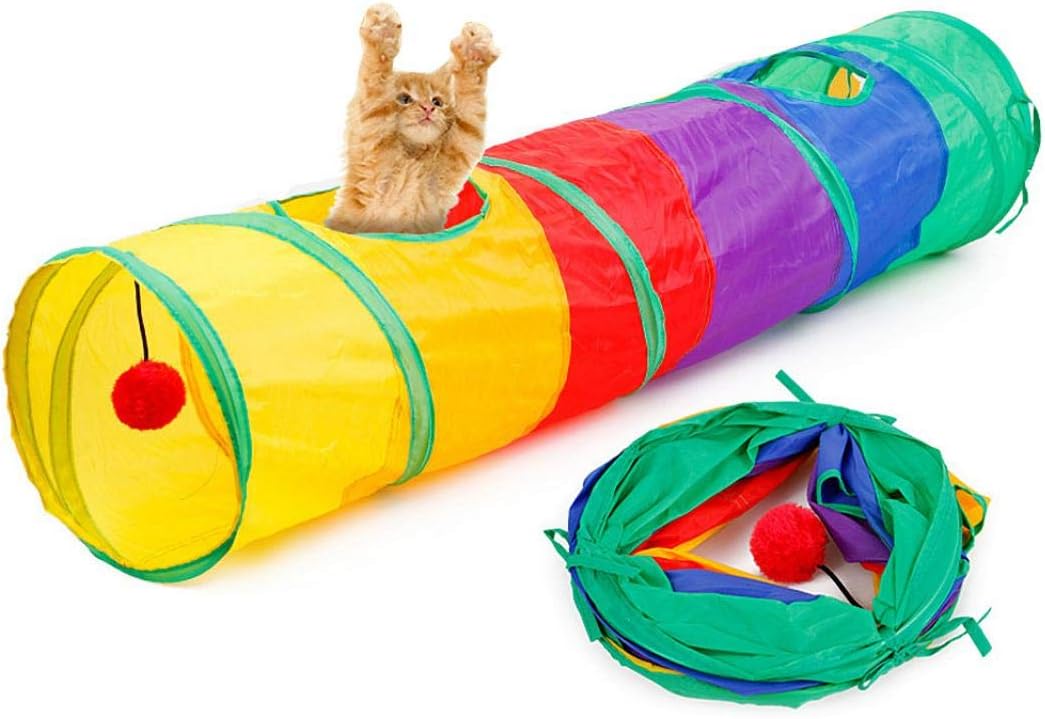 EWRTM Pet Tunnel Toy Tent Cat Accessories Rainbow Pet Cat Kitten Collapsible 2 Holes Tunnel Toy Playing Tube with Ball