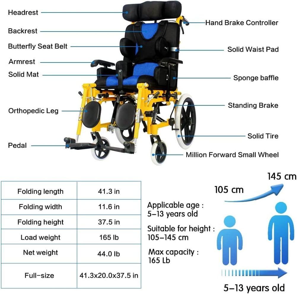 Silla de ruedas para parálisis cerebral infantil, diseño ergonómico con reposacabezas ajustable, posición sentada y altura del reposabrazos