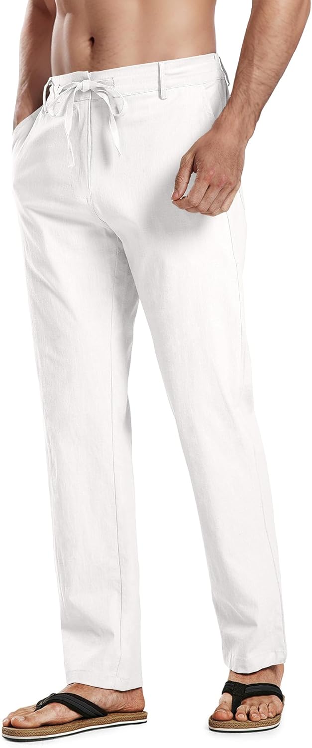 HOTake Men's Linen Dress Pants Casual Flat Front Linen Trousers Summer Beach Pants White X-Large