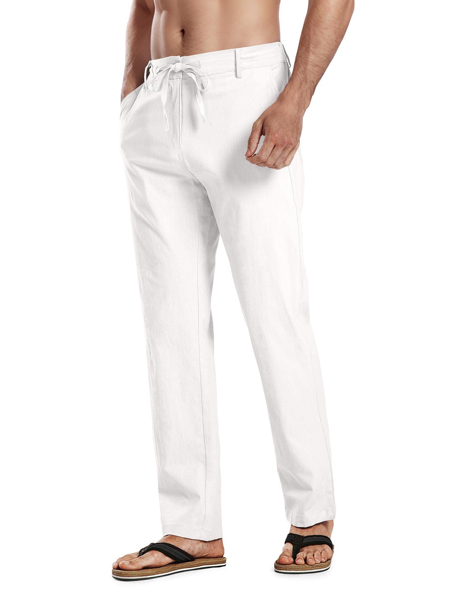 HOTake Mens Linen Dress Pants Casual Flat Front Linen Trousers Summer Beach Pants