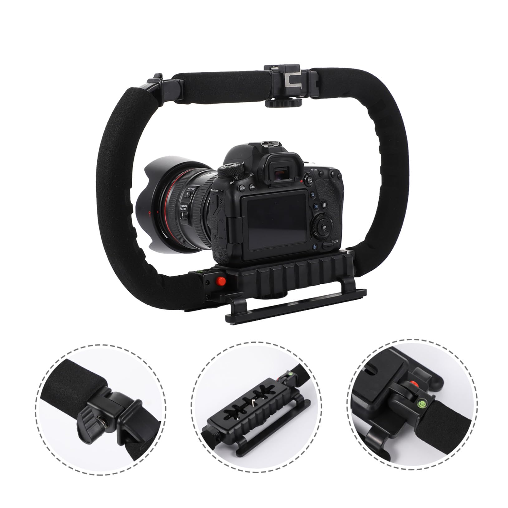 Stabilizzatore Portatile per Video Impugnatura Handheld in Plastico e Metallo, Supporto per Telefoni e Fotocamere Reflex Blocco Angolo e 3 Porte Hot Shoe