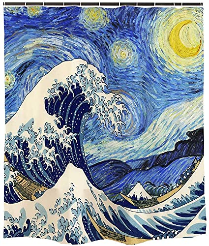Ofat HomeVan Gogh Starry Night Shower Curtains for Bathroom Accessories, Japanese Painting Hokusai The Great Wave Off Kanagawa Bathroom Decor, No Liner Needed Washable, Blue, 72"x72",150GSM