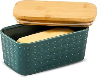 Ceramic Butter Dish with Lid,Large Butter Container with Airtight Cover for Countertop or Refrigerator,Farmhouse Kitchen Butter Holder for New Year Gift,Dishwasher Safe,Green Embossed Pattern