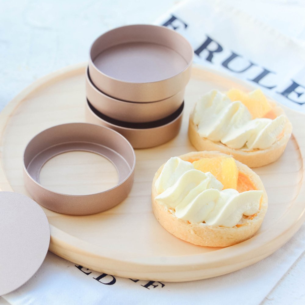 Roségold Aluminium Törtchen-Form-Set von 4 mit einer Holzpresse, Runde Backform 4er Set und Gebäckform und Torte, Tart & Quiche Pfannen