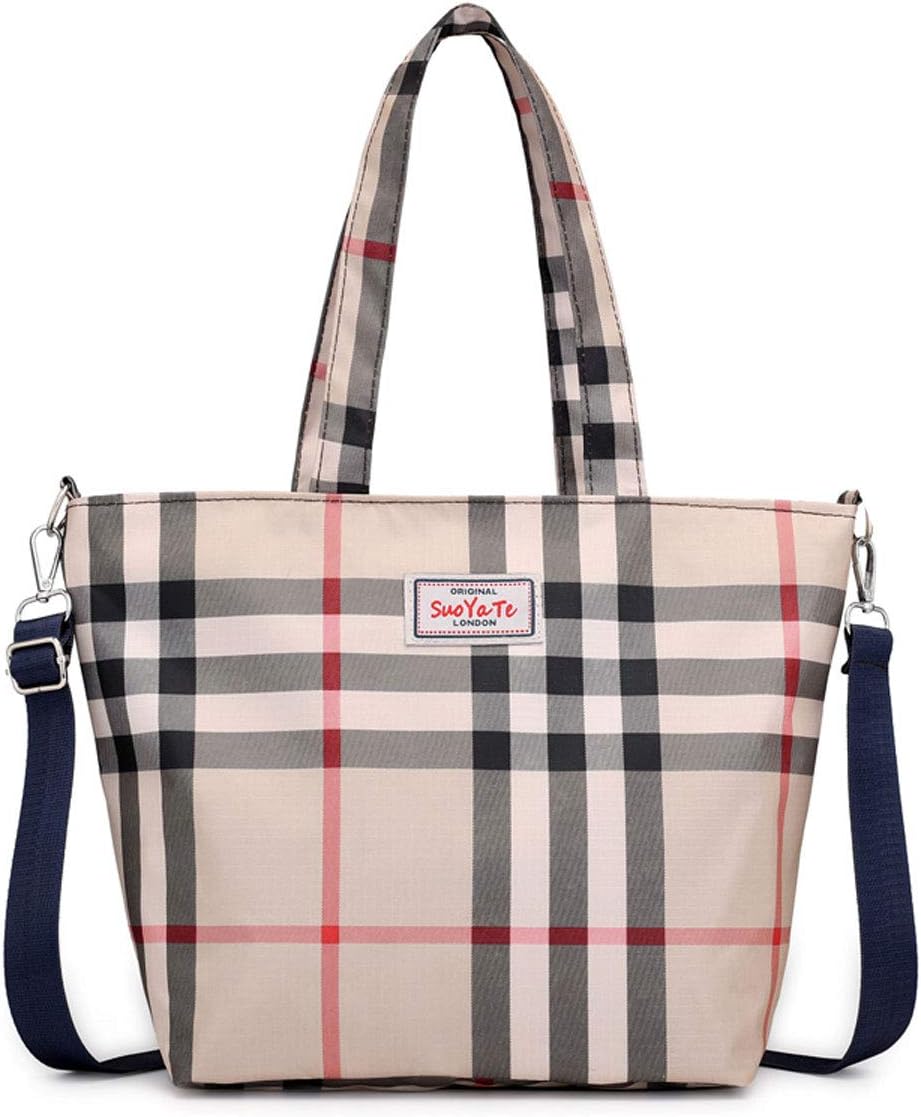 Women Fashion Tote Bags Sholder Bag Big Capacity Handbag Top Handle Satchel Waterproof Nylon Oxford Lady Bag Travel Luggage Outside Pocket Plaid Khaki