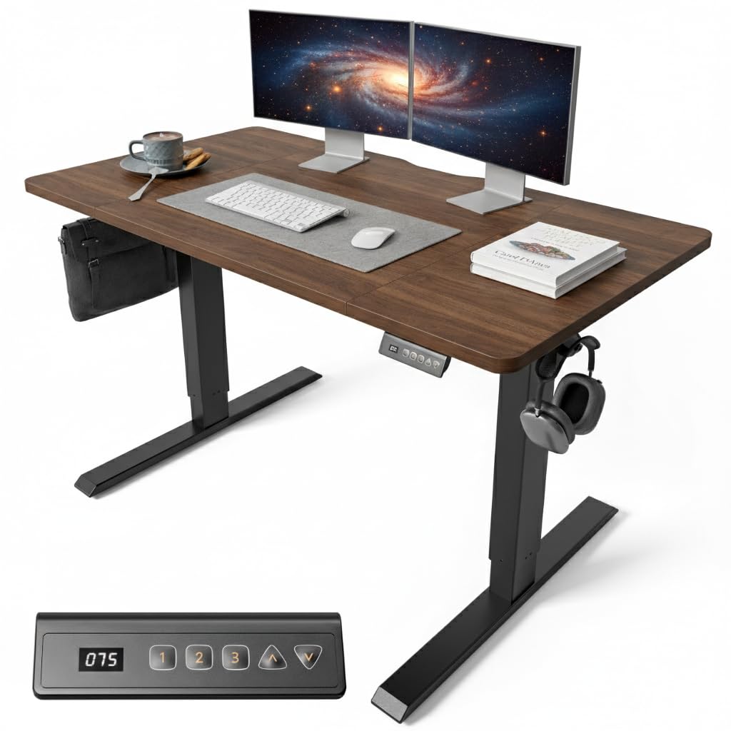 FEZIBO Electric Standing Desk 120 x 60 cm, Height Adjustable Computer Desk with Memory Presets, Sit Stand Home Office Desk, Black Frame with Dark Walnut Top — image 1