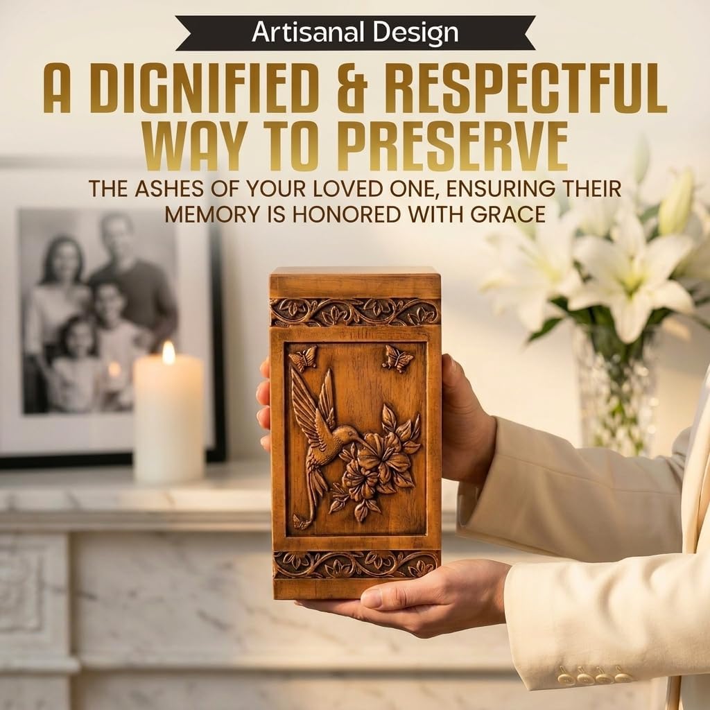 Large Wooden Cremation Urns for Human Ashes, Handcrafted Hummingbird Design, Symbolic Floral Art, for Adult Men and Women, with Velvet Bag - 270 Cubic Inches, wooden urn