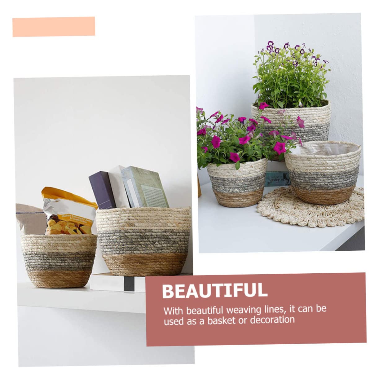 DOITOOL Paniers Tressés en Paille Cache-Pot Décoratif Lot de 2 Créant Une Ambiance Estivale Chaleureuse pour Plantes et Fleurs pour Terrasse