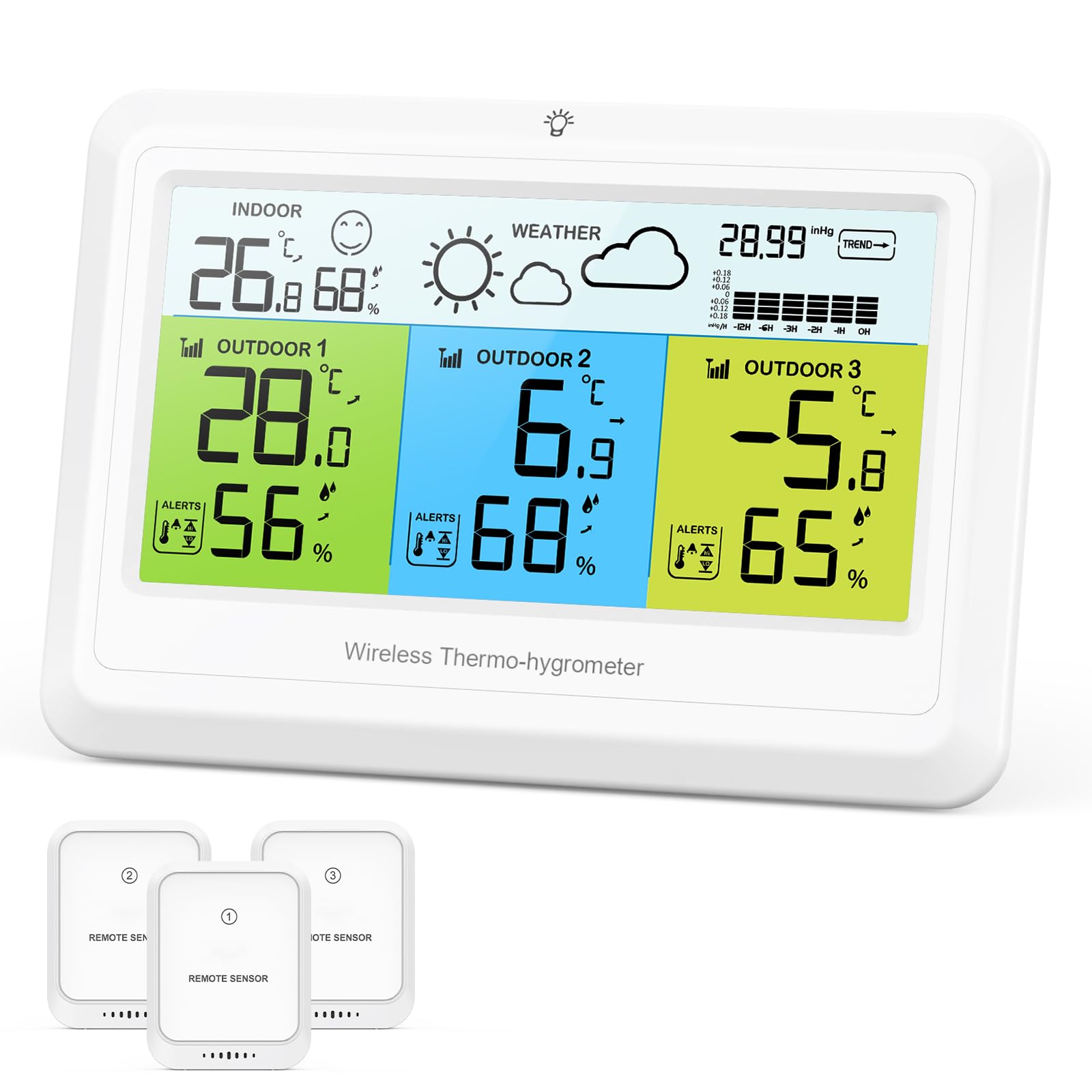 ORIA Thermomètre Intérieur Extérieur Sans Fil, Station Météo avec 3 Capteurs, Moniteur de Température et Humidité avec Prévisions Météo, Pression Barométrique, Valeurs MAX/MIN, Icône Confort