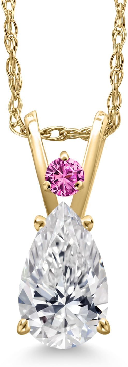 Gem Stone King 14K Yellow Gold DEF Lab Grown Diamond and Pink Created Sapphire Pendant Necklace for Women | 0.75 Cttw | Gemstone April Birthstone | Pear Shape 8X5MM | With 18 Inch Chain