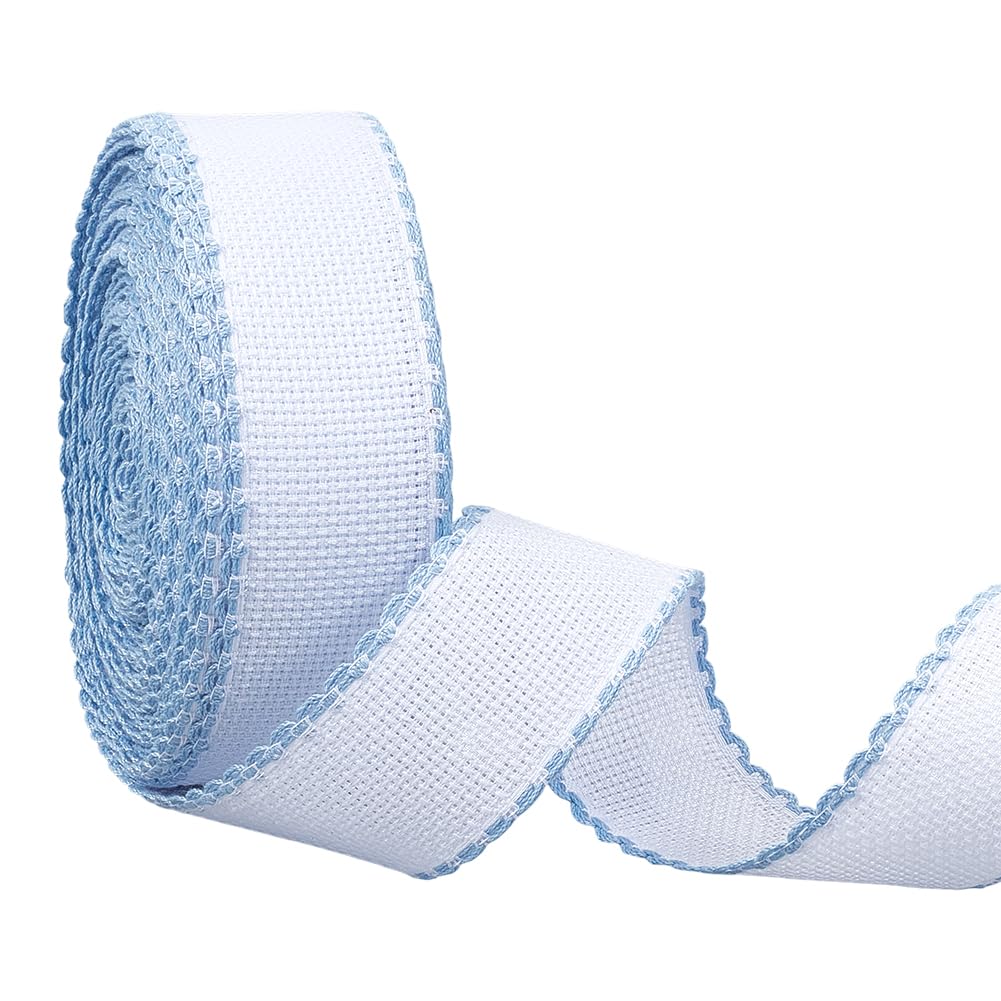 BENECREAT 13.5m x 3.5cm/14.8yd x 1.4in Aida Band with Light Sky Blue Edge, Cross Stitch Fabric for Embroidery Needlework Bookmark DIY Crafts, 0.7mm Thick