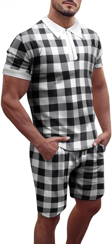 Amazon.com: Conjunto de 2 piezas para hombre, de verano, casual, de manga  corta, camisetas y pantalones cortos, a cuadros : Deportes y Actividades al  Aire Libre