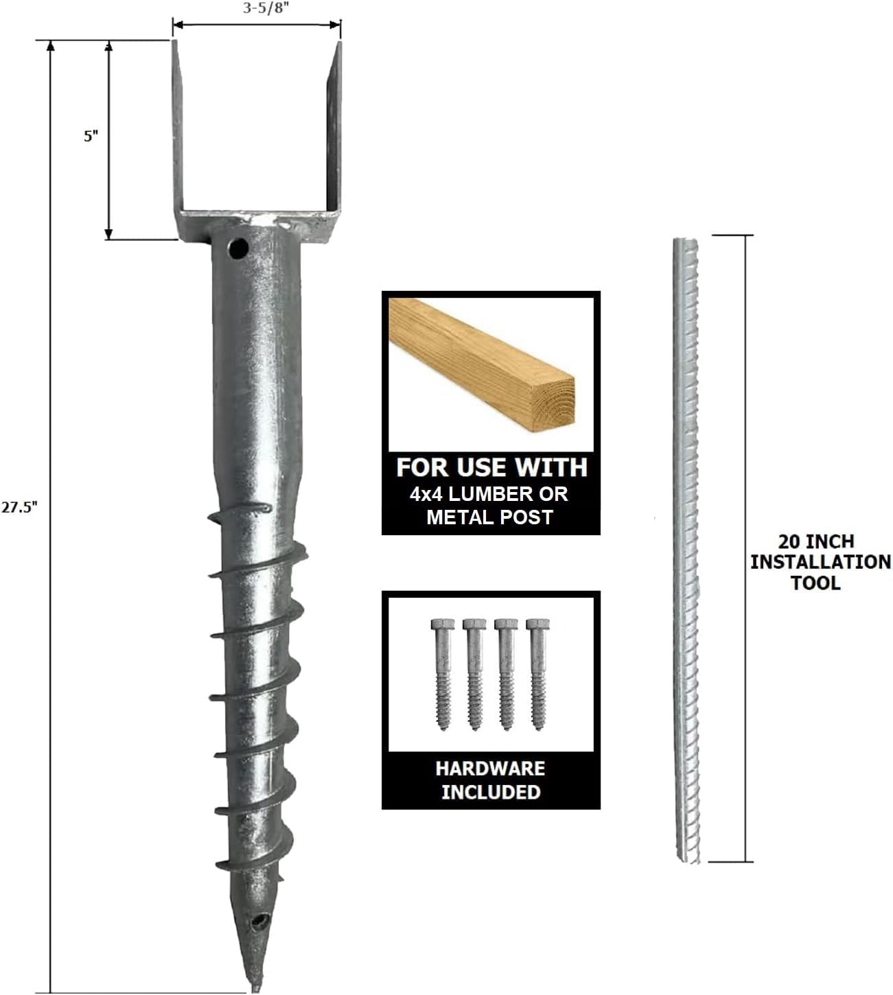Ashman Ground Screw (8 Pack), No Dig, U-Model Screw in Post Stake - 27" Inch Long, Fits Standard 4x4 (3.5" X 3.5" Inch) Great for Mailbox Posts.