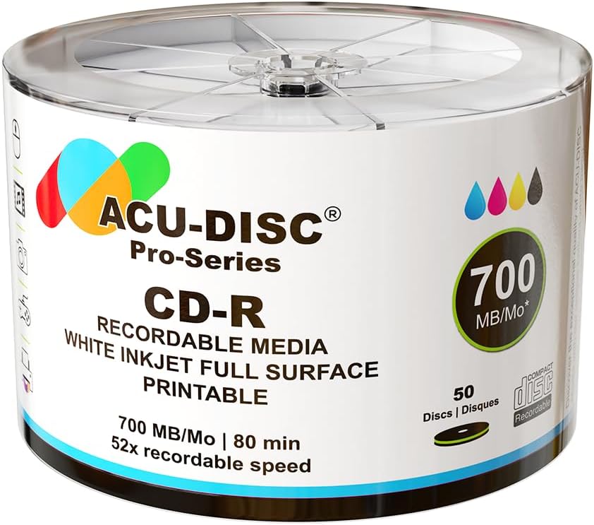 Pro-Series CD-R 52x Speed 700MB 80 Minute Full Face Brilliant White Inkjet Printable Blank Discs 13679 – 50 Pack
