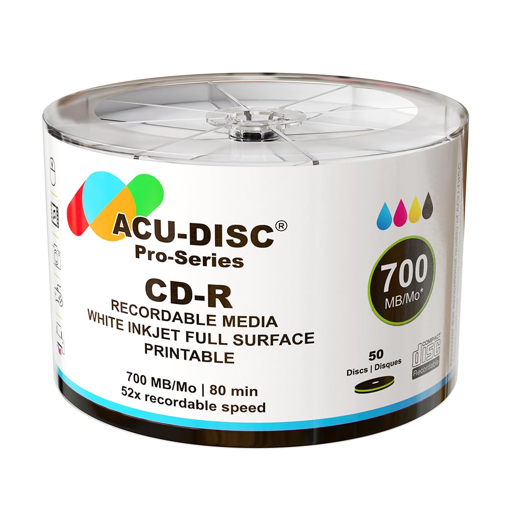 Lot de 50 CD-R 52x 700 Mo 80 minutes Blanc brillant imprimables à jet d'encre