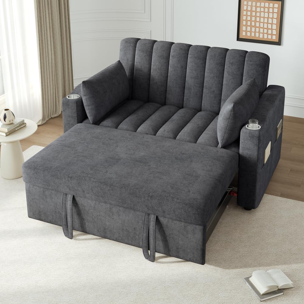 I0I&I0I Multifunktions Schlafsofa klappbar mit dreistufiger Rückenlehne Kissen Getränkehalter und Stauraum ideal für Wohnzimmer Schlafzimmer Heimkino Wohnung (Gray +Cotton Linen + 2 Seat)