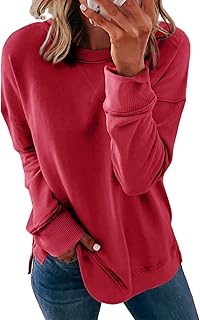 Dokotoo Blusa Moletom feminino casual de gola redonda, solto, macio, manga comprida, Vermelho, XXG