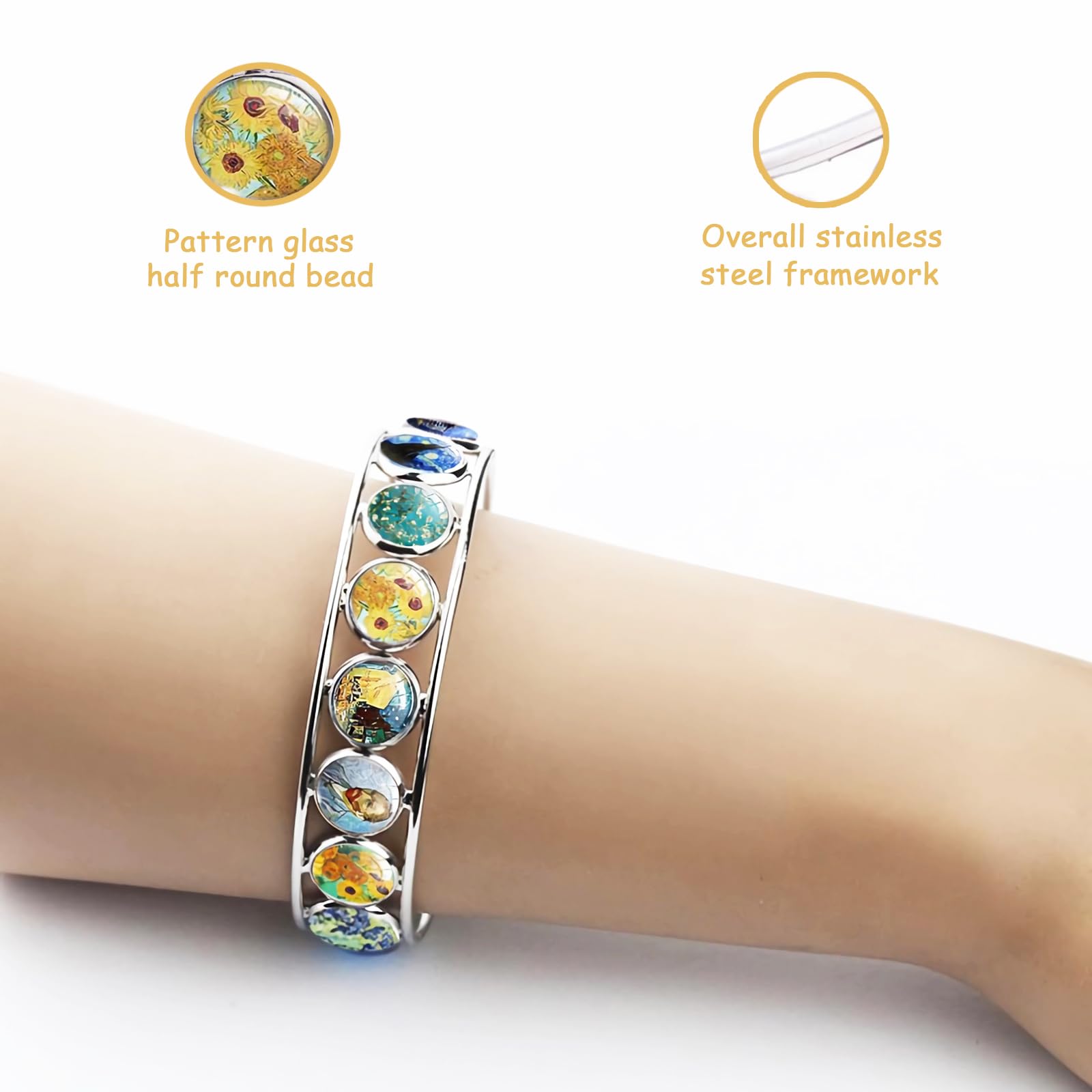 Mariiearly Van Gogh Art Pattern Bracelet；Vincent Van Gogh Starry Night Jewelry Sunflower Bracelet Almond Branch Blooming Bracelets Stained Glass Cuff Bracelets Jewelry Gifts For Artists Women