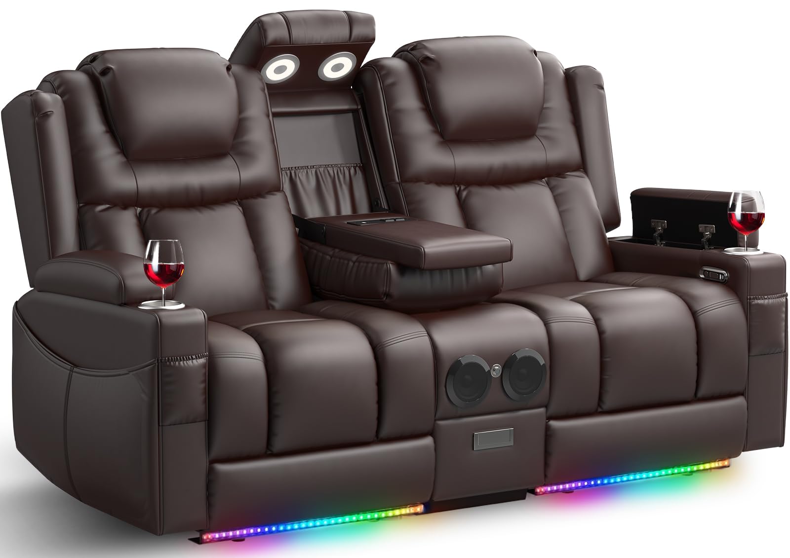 FURNIMAT Power Loveseat Recliner Sofa in Brown with LED lights and Bluetooth