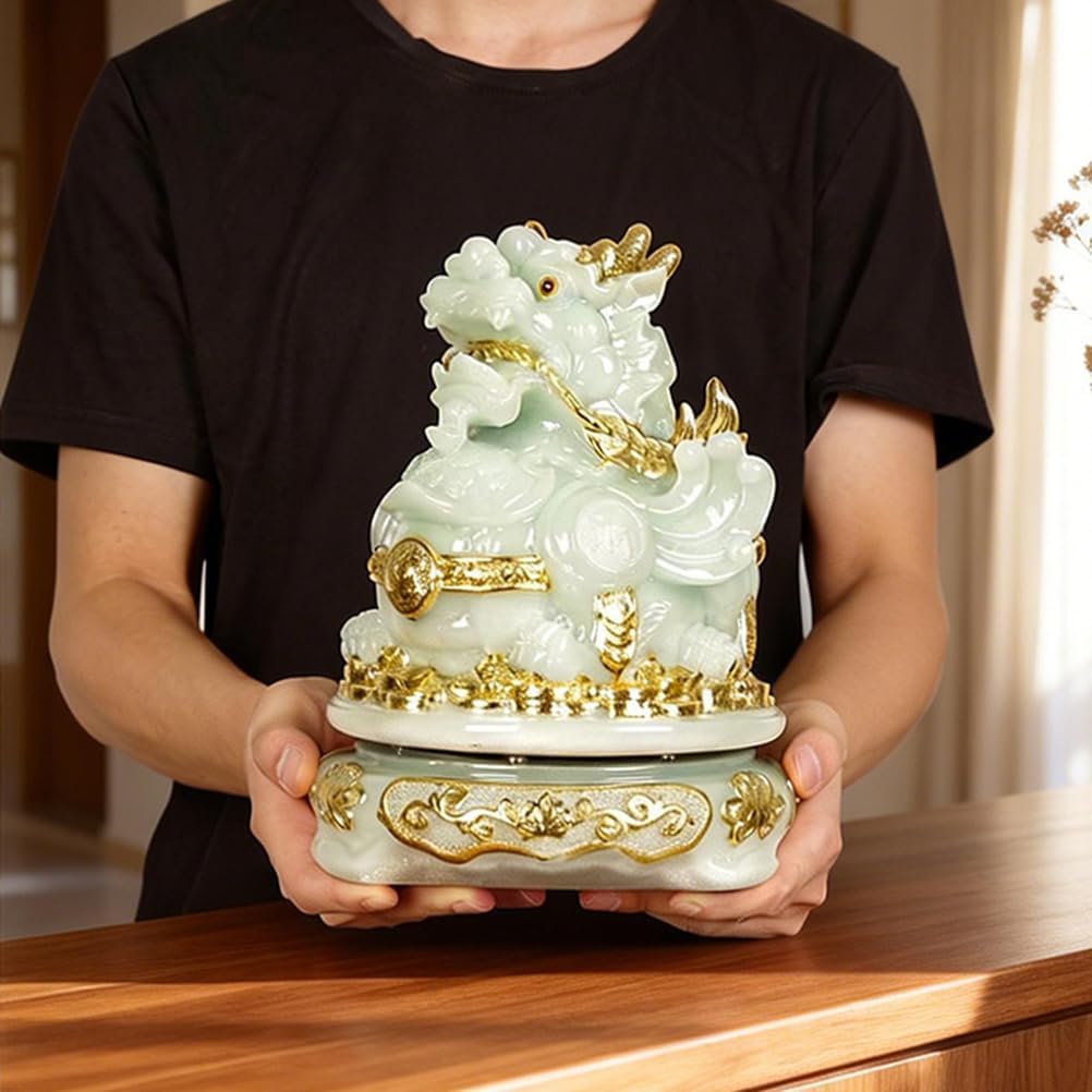 Jade Pixiu Sculpture 7" Tall Hand-Carved Natural Stone | Lucky Feng Shui Figurine, Elegant Green Wealth Statue for Office Desk, Cash Register Reception Counter