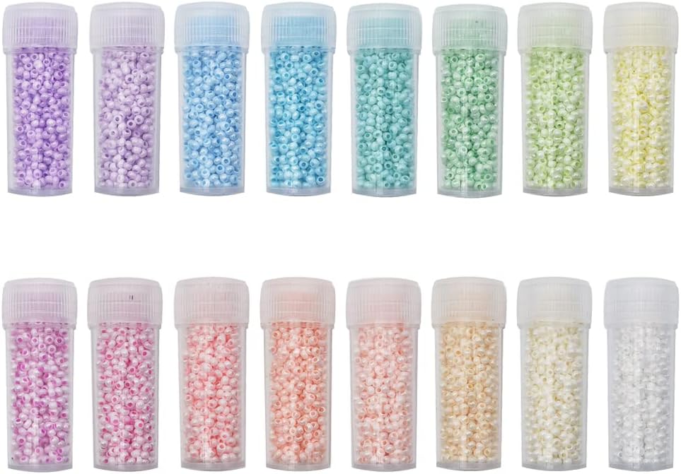INSPIRELLE Size Almost Uniform 80 Gram 12/0 (2mm) Glass Round Seed Beads for Craft Jewelry Making, 16 Opaque AB Pastel Colors