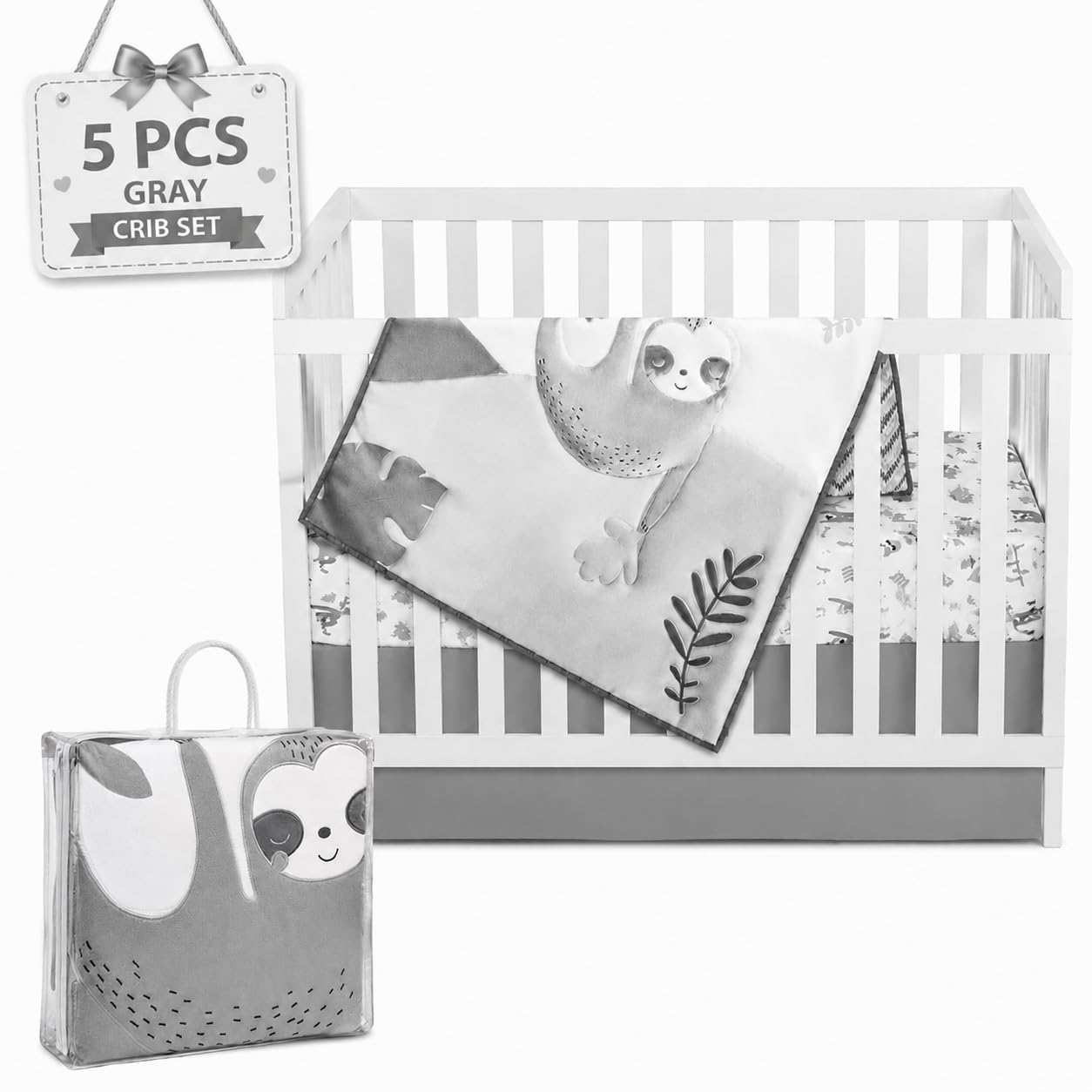 Neutral Baby Crib Bedding Set Boy 28"x52", 8" Deep Pocket - 5 pcs Baby Bedding Set with Comforter, 2 Crib Sets for Boys Cotton Fitted Sheets, Skirt, Changing Pad Cover - White &amp; Gray