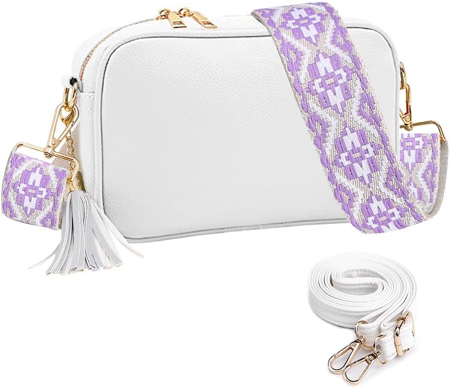 YILCER Crossbody Camera Bag for Women, Leather Tassel Ladies Cross Body Bag with Changeable Guitar Wide Strap (2 Shoulder Straps), White