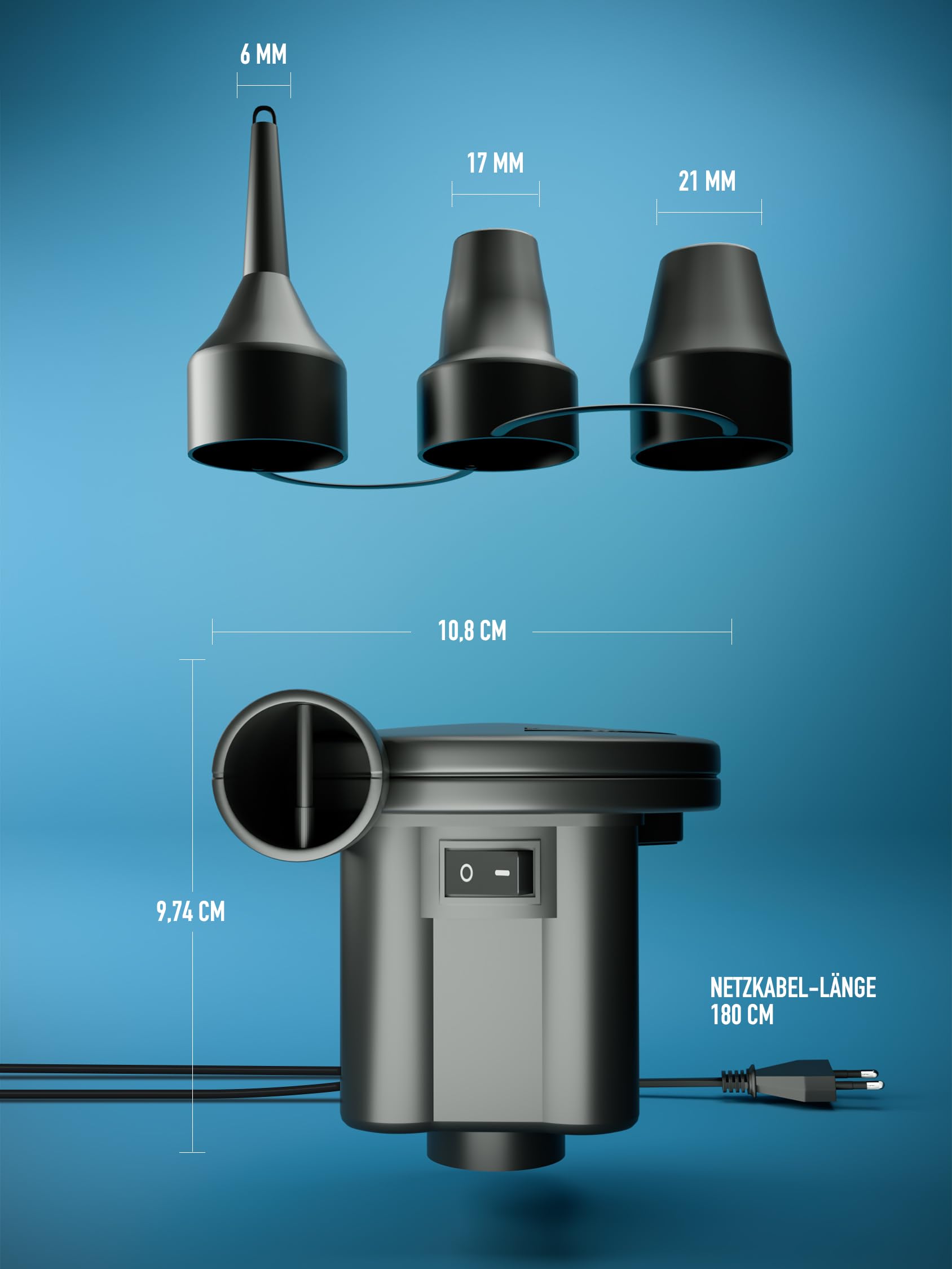 PoolBear Elektryczna Pompka Powietrza 2 w 1 12 V Do Basenu, Materaca, Pontonu i Materacy Basenowych z 3 Końcówkami