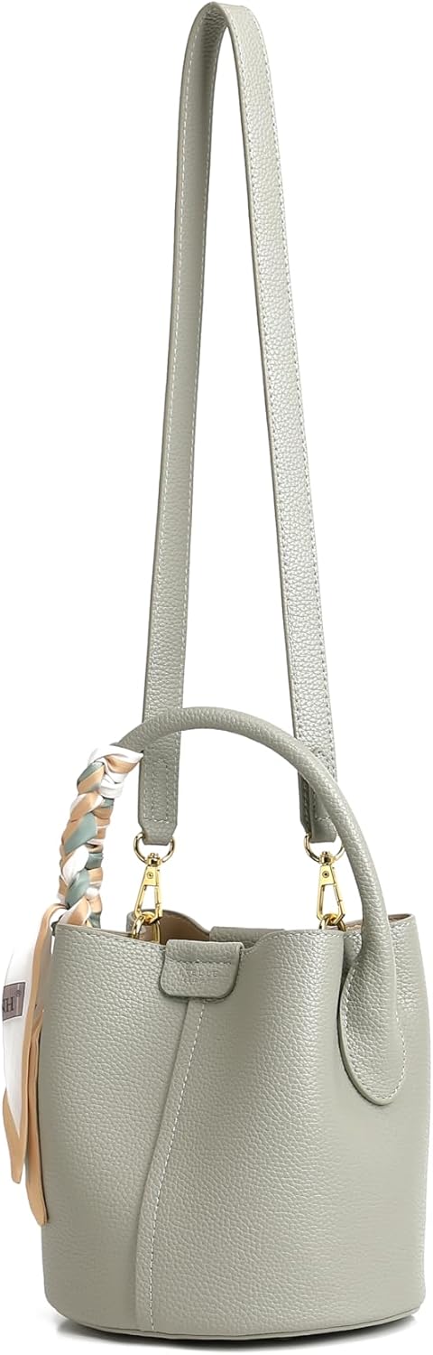 Women's small crossbody bag made of synthetic leather, mini bucket style shoulder bag with scarf, detachable shoulder strap - Image 5