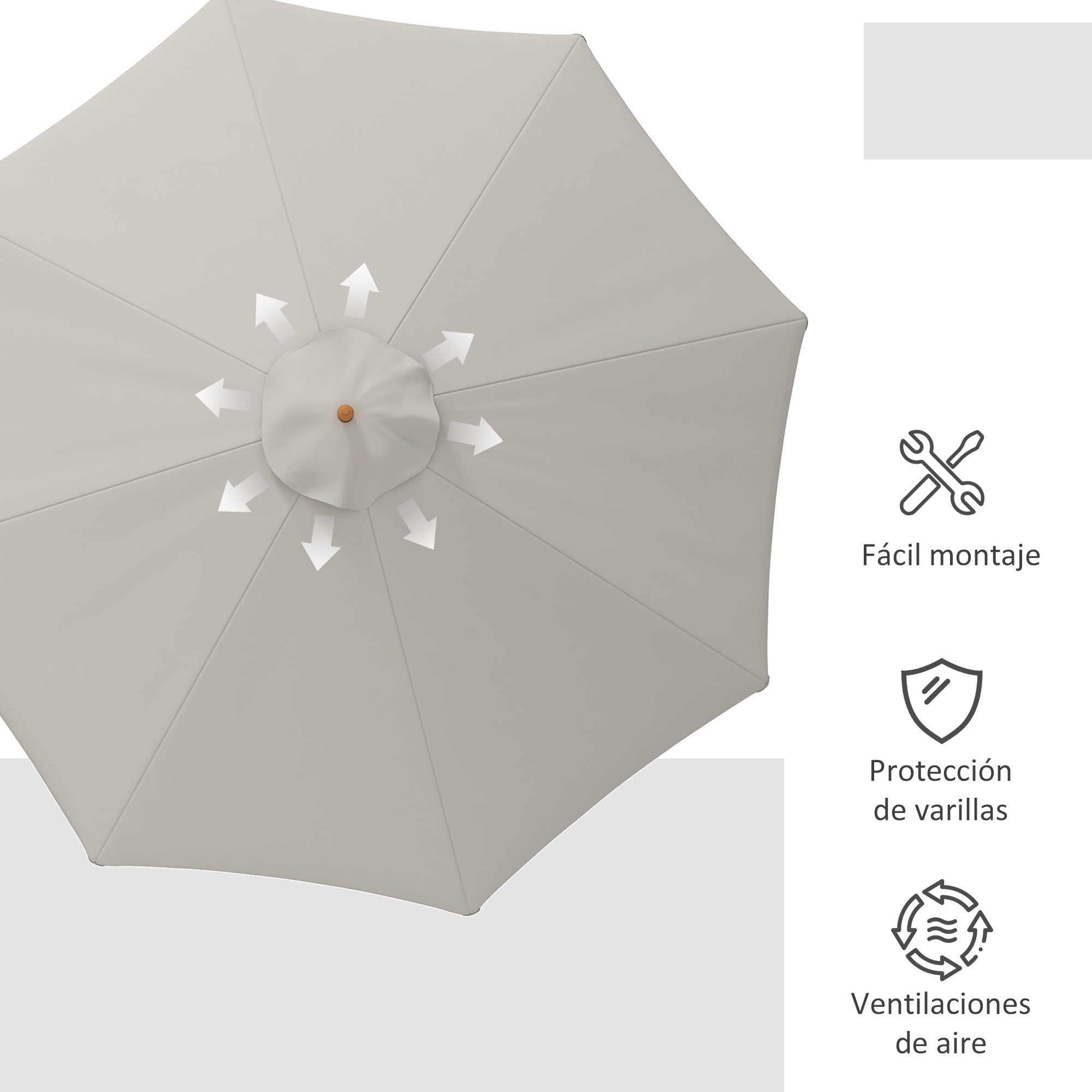 Outsunny Sombrilla Terraza Exterior Ø325 cm Sombrilla de Jardín con Sistema de Polea Techo Ventilado 8 Varillas de Bambú y Poste de Madera Parasol para Patio Terraza
