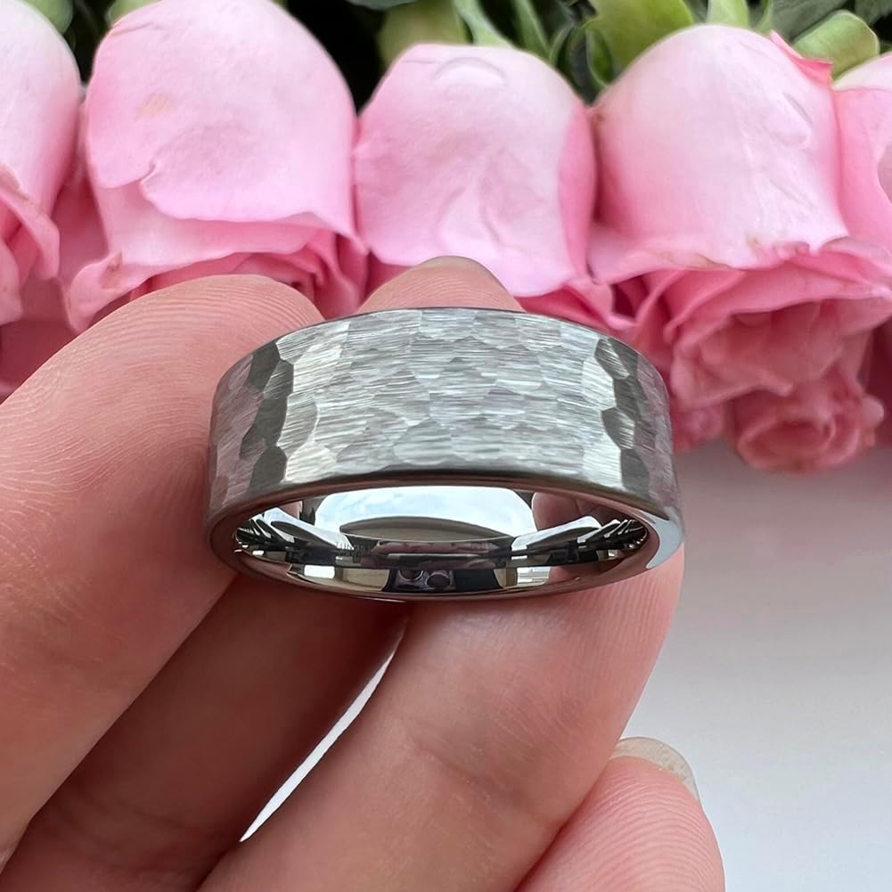 TUTISS 6mm 8mm Silver/Black/Gunmetal/Gold/Rose Gold Hammered Tungsten Rings for Men Women Couple Fashion Jewelry Engagement Wedding Bands Matte Finish Comfort Fit