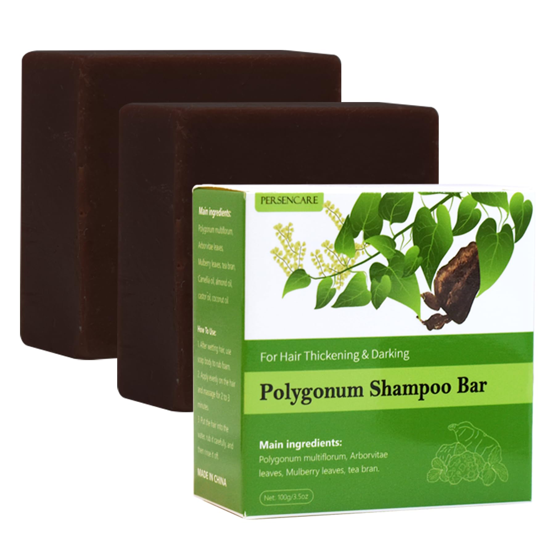 2 Pcs Natural Polygonum Multiflorum Solid Shampoo and Conditioner Set, He Shou Wu Volumizing Gray Hair Reverse, Fo Ti Bar for Thinning & Darkening