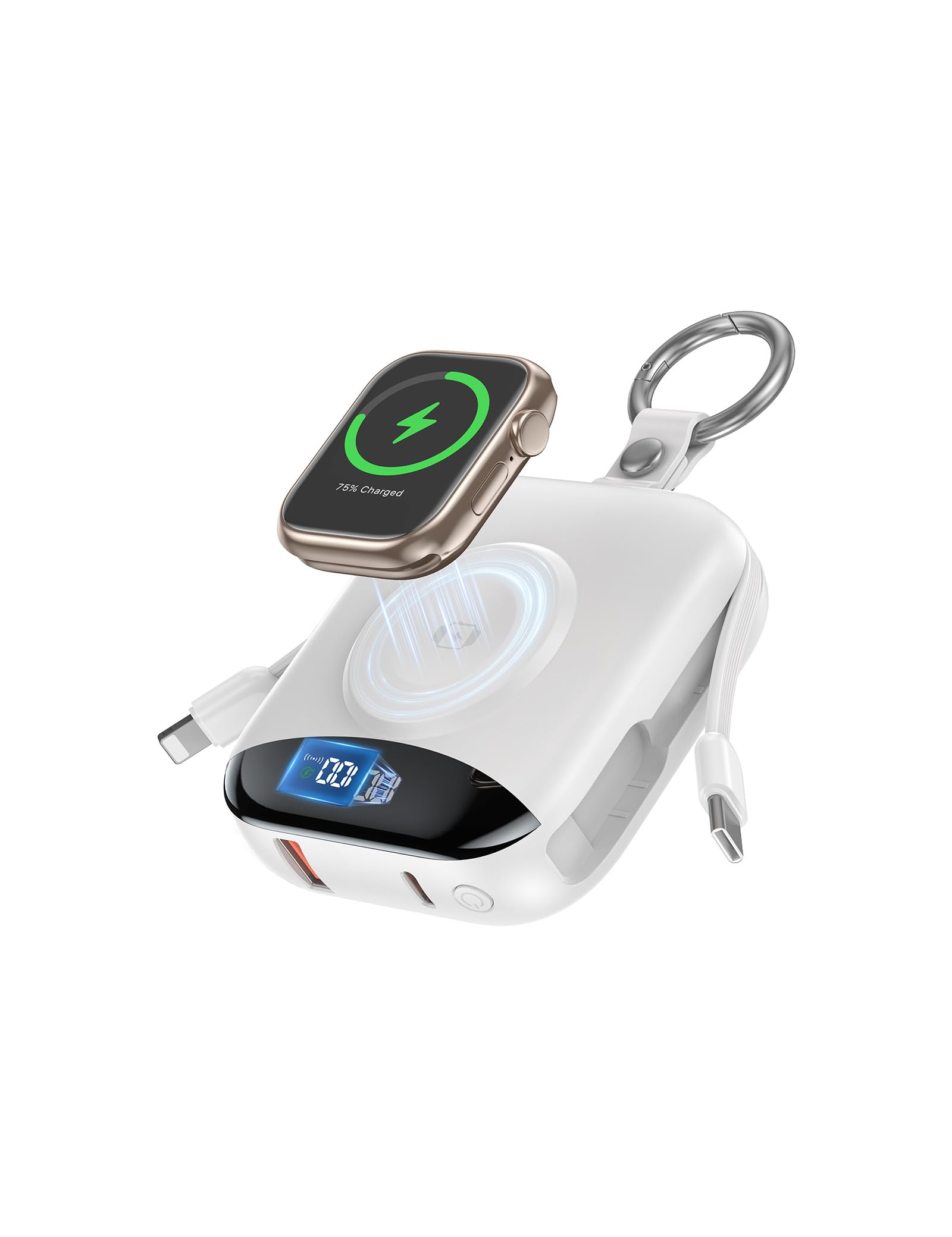 Cargador portátil para teléfono, 10000 mAh, 22,5 W, batería externa de carga rápida con cables integrados, llavero con pantalla LED para Apple Watch Ultra 2/9/8/Ultra/7/6/SE/5, iPhone 16/15/14/13/12