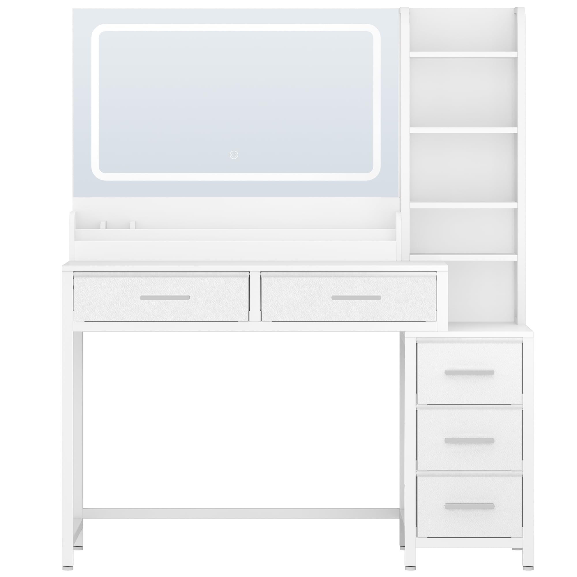 HEXCELEN 110 cm Coiffeuse avec Miroir, Blanc | Table de Maquillage avec Éclairage LED, Luminosité Réglable, 3 Couleurs, 5 Tiroirs et 5 Compartiments Ouverts