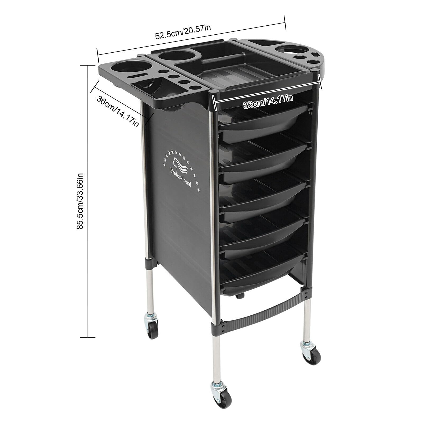 Carrello per Parrucchiere TRIEBAN Pieghevole con 5 cassetti per Parrucchieri, saloni di Bellezza (Nero)