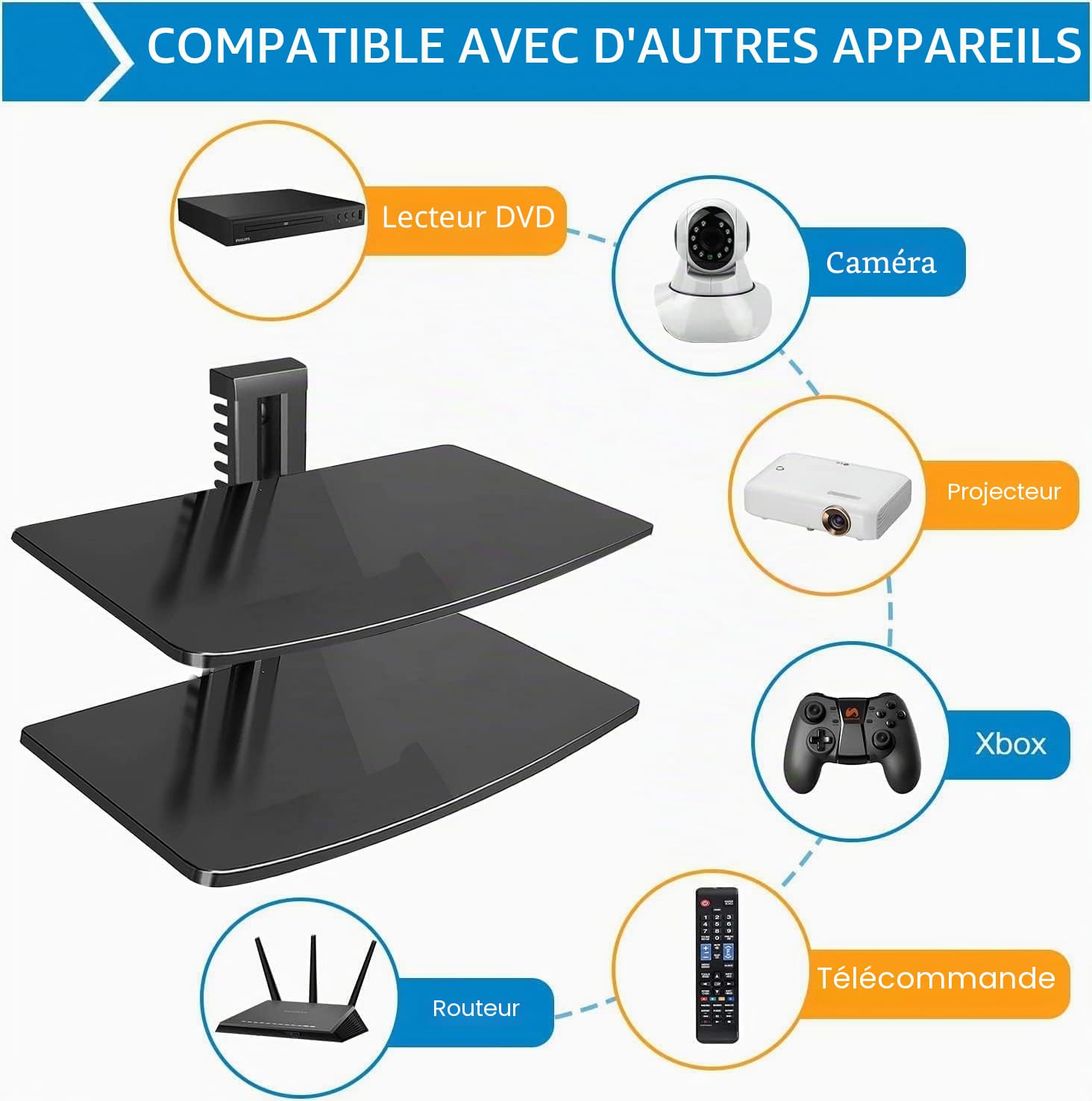 suptek Étagère Murale 2 Niveaux, Support en Verre Trempé, Hauteur Réglable avec Gestion de Câbles, 2 Flottantes Étagères Compatible avec Console de Jeux, Décodeur, Lecteur DVD, Noir, CS202