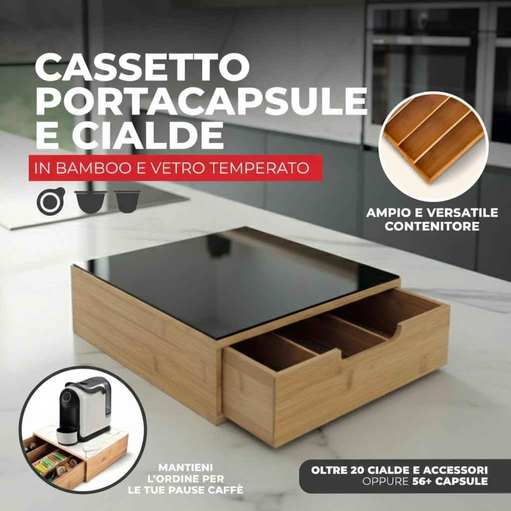 Cassetto Portacapsule e Cialde in Bambù con Piano in Vetro Temperato – Organizer Caffè Salvaspazio per Capsule e Accessori, Compatibile con Macchine da Caffè, 30x30x10 cm (Nero)