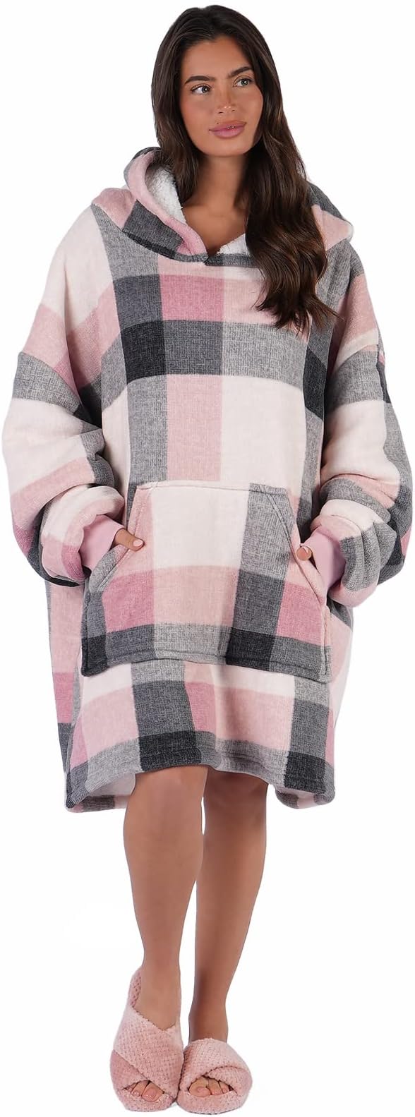 Dreamscene Winter Check Hoodie Blanket Oversized Sherpa Fleece Wearable Soft Warm Cosy Thermal Throw Blanket for Adults