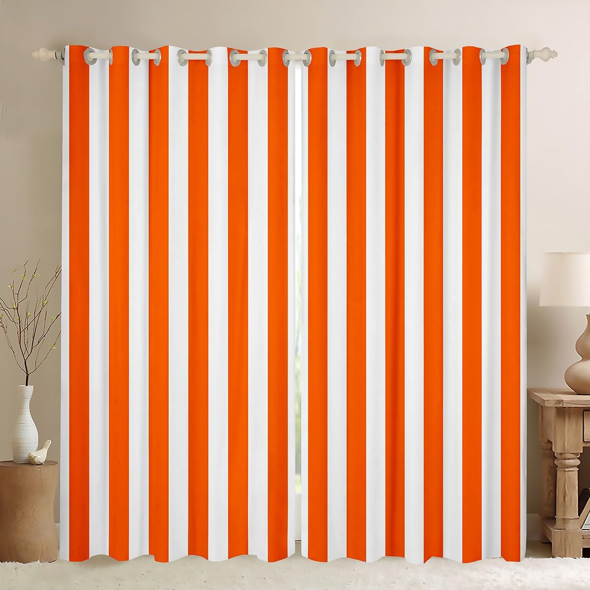 Homemissing Orange White 30%-50% Blackout Shades (2 Panels, W66*L90) Stripes Curtain for Kids Boys Girls Decor Geometric Window Drapes Breathable Soft Microfiber Abstract Modern Art Bedroom Decor โ image 1