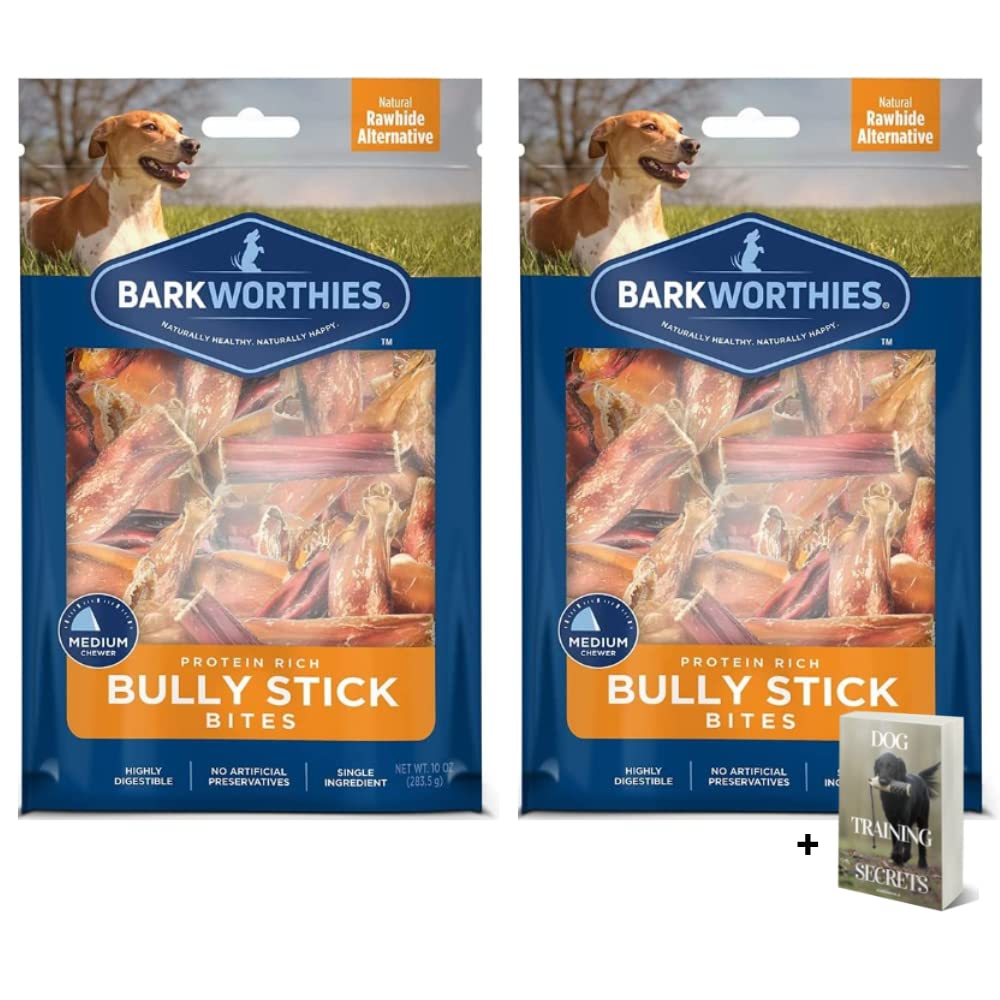 Bully Stick Bites - 2 Pack for Barkworthies Protein Rich All Natural Dog Treats for Small to Large Breeds - Grain Free, Rawhide Free, Long Lasting Chews, Dog Training Dental Chews with E-Book