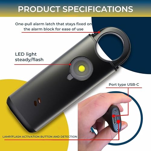 Miniatura 4 de VOLTEK Kit de alarma personal (negro)  Llavero de autodefensa para mujer  Sirena de 135 dB + silbato de emergencia  USB-C recargable, cuerpo de