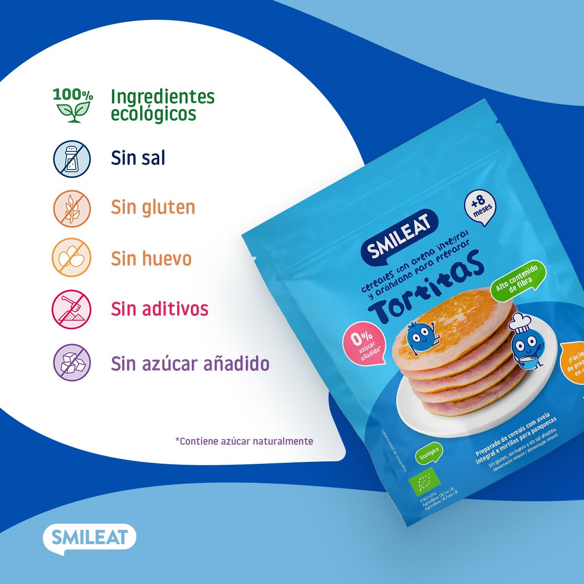 Smileat Preparado para Tortitas de Avena Integral y Arándano 125g Pack 6 Sin Azúcar Añadido Vitamina B1
