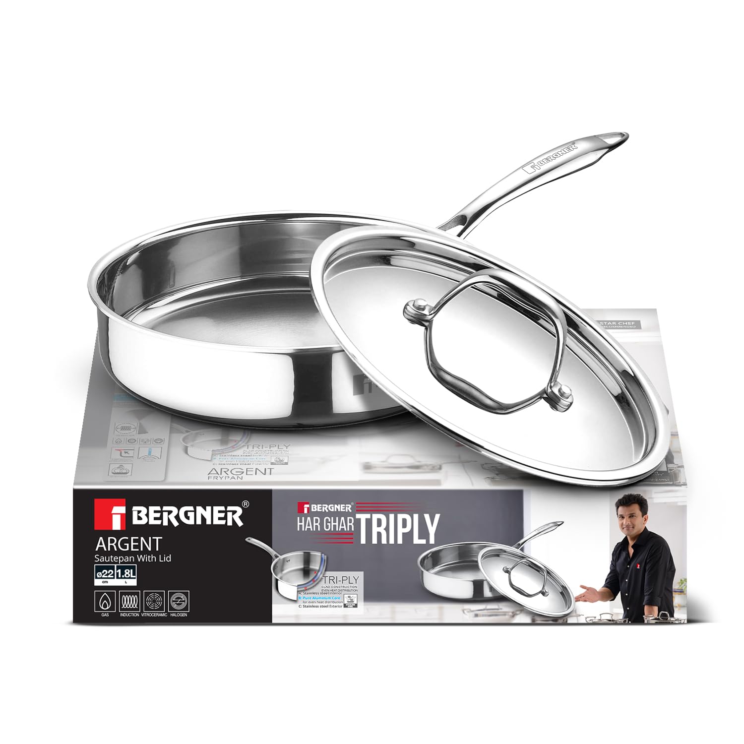 BERGNER Argent TriPly Stainless Steel 22cm (1.8 L) Sautepan with Stainless Steel Lid, Sturdy Stay Cool Cast Handle, Healthy Cooking, Less Oil Use, Food Safe, Durable - Induction and Gas Stove Ready