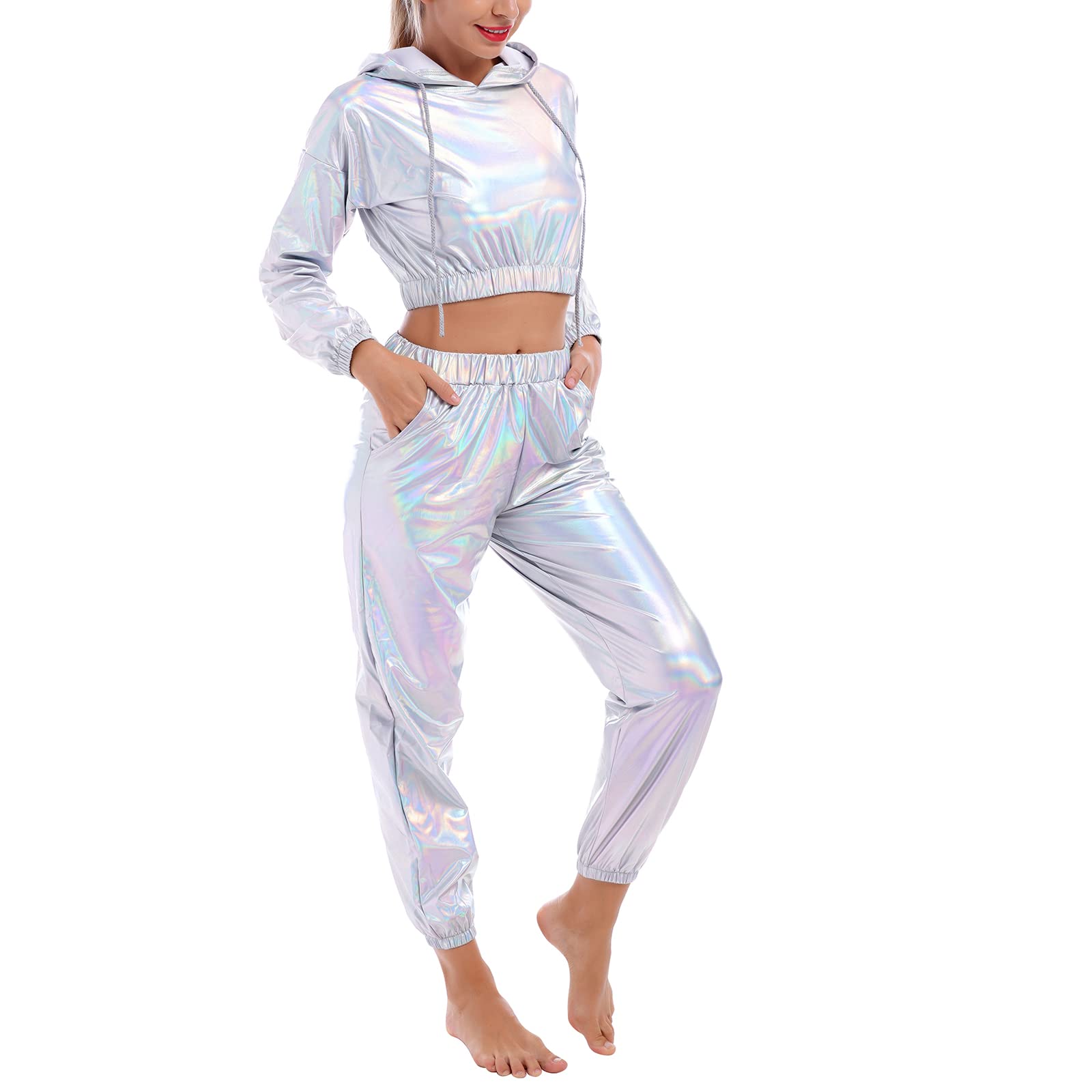 Odizli Jogginganzug Damen Set Langarm Kapuzen Glitzer Metallic Crop Top+Jogginghose 2tlg Trainingsanzug