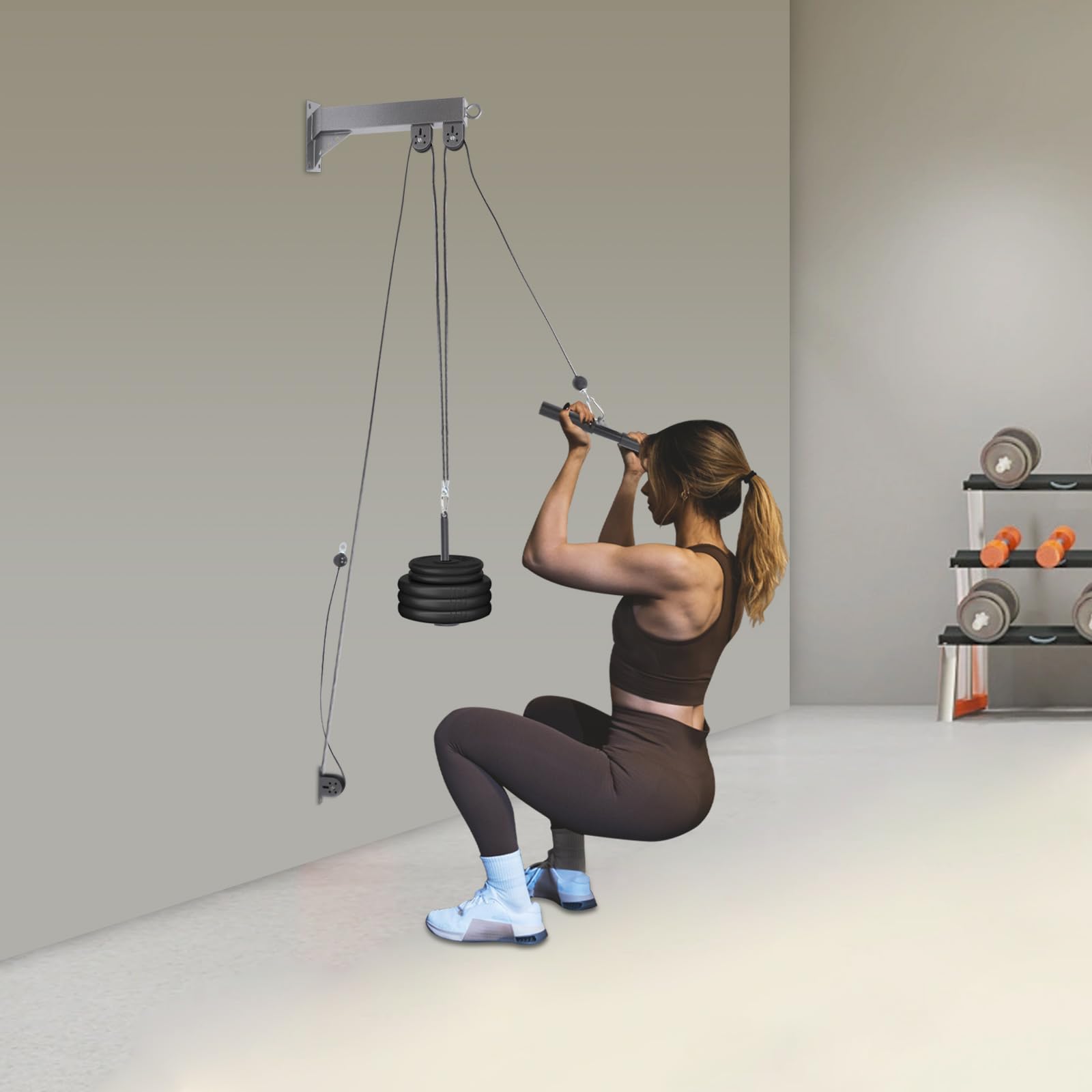 Juego de cables de fitness para montaje en pared, 150 kg, capacidad de carga para entrenamiento en casa, ejercicios, brazo, espalda, hombro, entrenamiento, color negro, ahorra espacio
