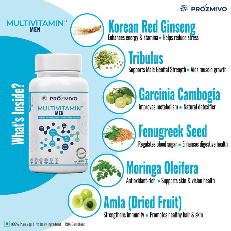 Prozmivo Multivitamin ++ Male (Korean Lal Ginseng, Tribulus, Garcinia Cambogia) with calcium, iron, zinc, magnesium oxide, L organin, manganese, copper, boron, iodine, selenium and vitamin. 60 bullets Prozmivo Multivitamin ++ Male (Korean Lal Ginseng, Tribulus, Garcinia Cambogia) with calcium, iron, zinc, magnesium oxide, L organin, manganese, copper, boron, iodine, selenium and vitamin. 60 bullets