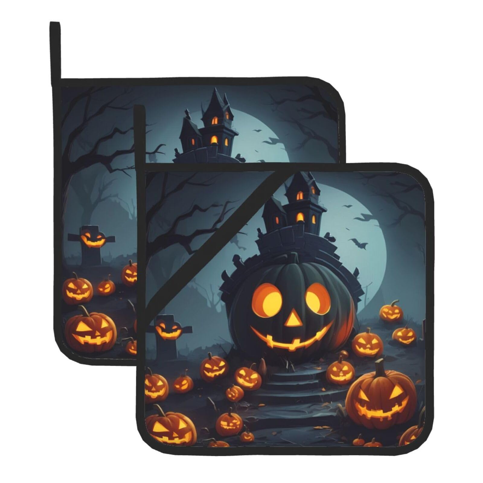 HJFCZH Pumpkin Grave Printed Square Insulated Pot Mat Set (2-Piece) 8x8in Waterproof, Thickened & Easy to Clean with Lanyard Design for Kitchen, Oven & BBQ
