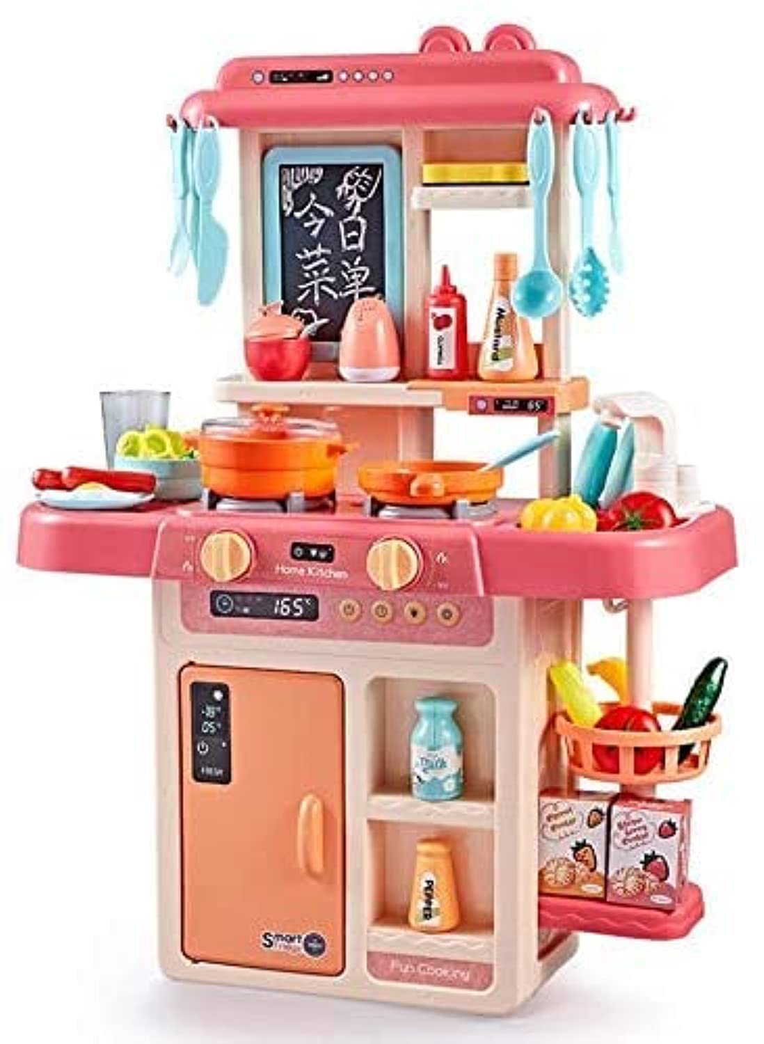 B&K Kids Kitchen Playset Pretend Food Toys, 42 Pcs Set Chef Role Play Accessories, Fruits, Vegetable, Tea Playset Toys, For Toddlers Girls (PINK)