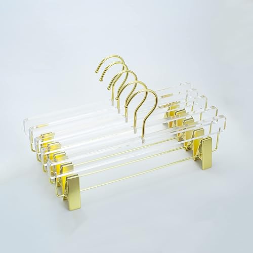 HomeCube USA - Perchas de acrílico transparente con ganchos y clips dorados, colgador de falda resistente para armario, elegante colgador de