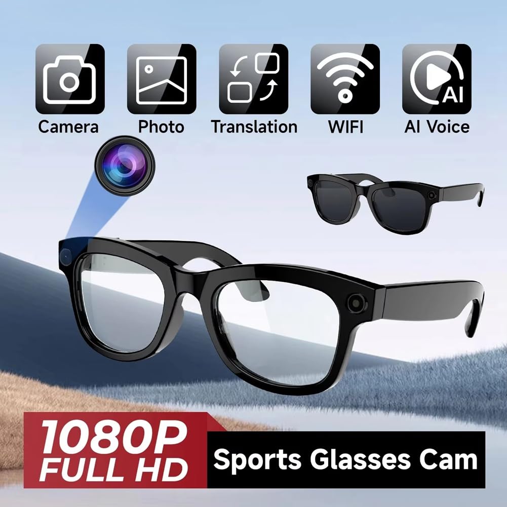 Occhiali intelligenti， Occhiali con fotocamera anti-vibrazione HD da 500 W, traduzione AI, chiamate, cuffie Bluetooth, occhiali, registrazione video, scatto di foto, vetro trasparente